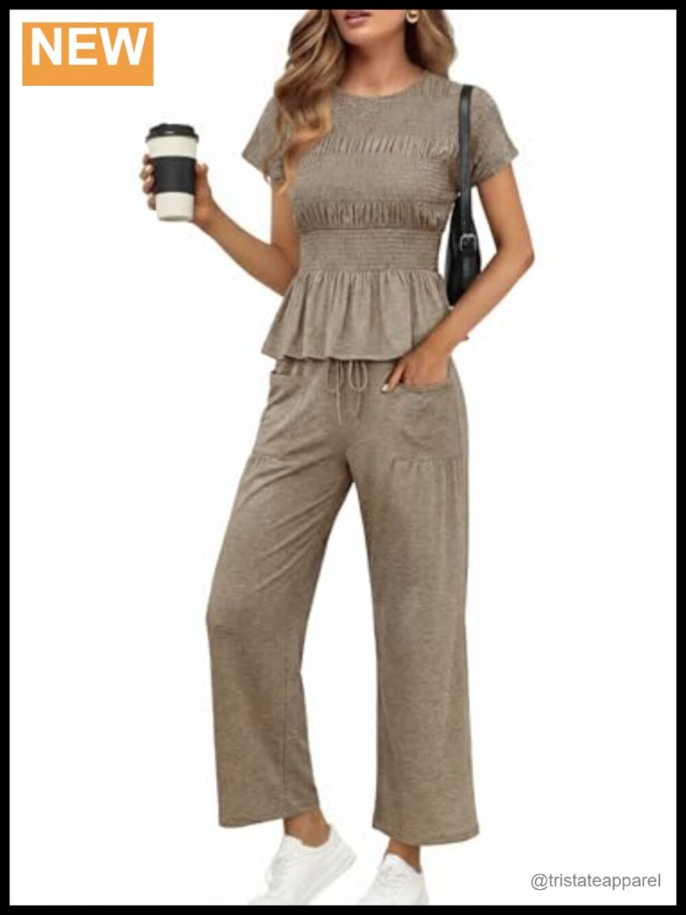 Women's 2 Piece Lounge Set Smocked Ruffle Top Wide Leg Pants Casual Boho